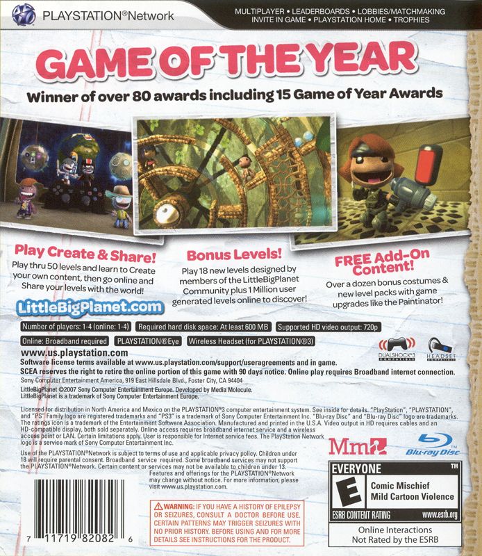 
LittleBigPlanet: Game of the Year Edition | PlayStation 3 | back cover | Data by MobyGames.com