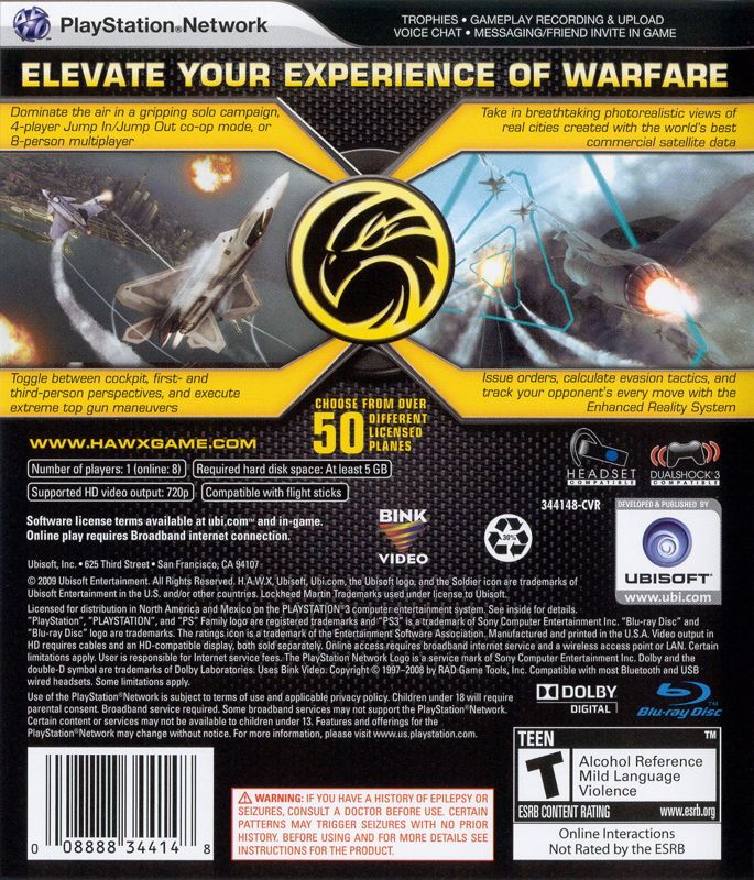 Tom Clancy's H.A.W.X | PlayStation 3 | back cover | region=North America | source-country=Canada,Mexico,United States | zypher-v2 | moby-57f57a787219 | Data by MobyGames.com