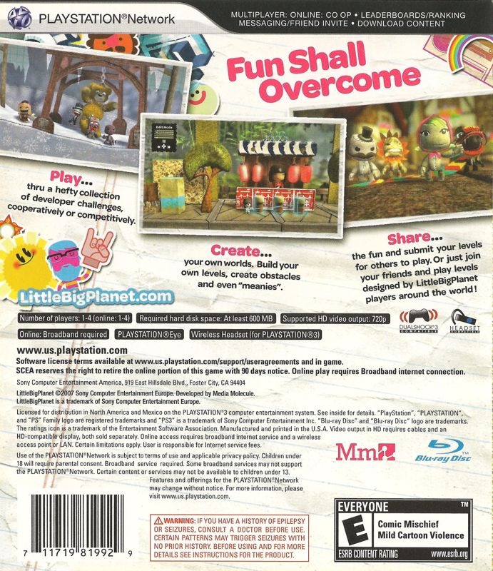 
LittleBigPlanet | PlayStation 3 | back cover | Region: North America | source-country=United States | Data by MobyGames.com