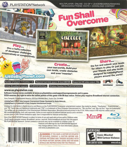 
LittleBigPlanet | PlayStation 3 | back cover | Region: North America | source-country=United States | Data by MobyGames.com