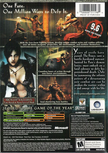Prince of Persia: Warrior Within | Xbox | back cover | region=North America | source-country=Canada,United States | zypher-v2 | moby-c0586008f2be | Data by MobyGames.com