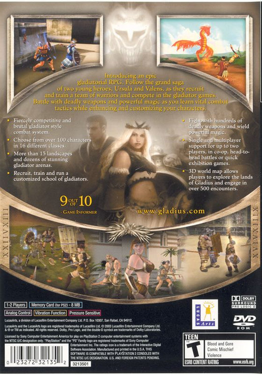 
Gladius | PlayStation 2 | back cover | Region: North America | source-country=United States | Data by MobyGames.com