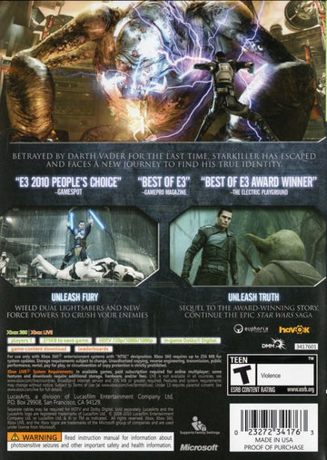 Star Wars: The Force Unleashed II | Xbox 360 | back cover | region=North America | source-country=United States | zypher-v2 | moby-c557c9cb9586 | Data by MobyGames.com