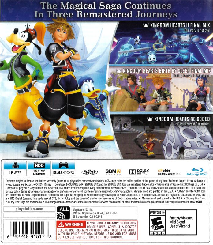 Kingdom Hearts HD II.5 ReMIX | PlayStation 3 | back cover | region=North America | source-country=United States | zypher-v2 | moby-26153cc46df6 | Data by MobyGames.com