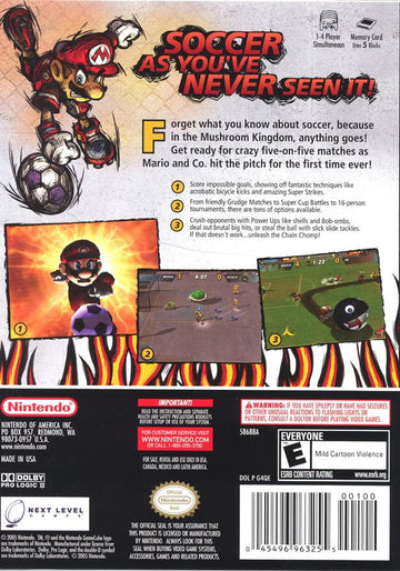 
Super Mario Strikers | GameCube | back cover | Data by MobyGames.com