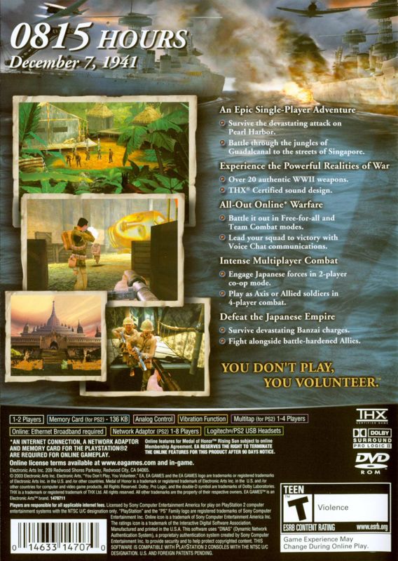 Medal of Honor: Rising Sun | PlayStation 2 | back cover | region=North America | source-country=Canada,United States | zypher-v2 | moby-908a07a96766 | Data by MobyGames.com