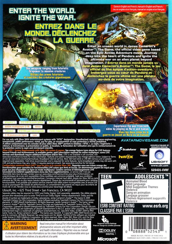 James Cameron's Avatar: The Game | Xbox 360 | back cover | Region: North America | source-country=Canada,United States | Data by MobyGames.com