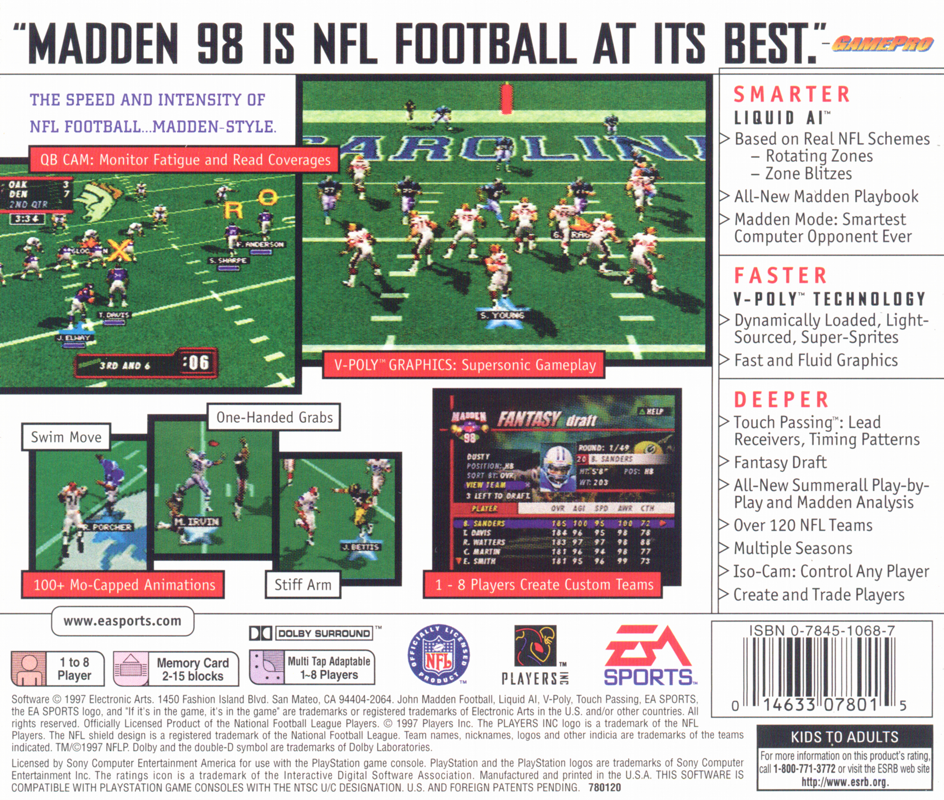 Madden NFL 98 | PlayStation | back cover | region=North America | source-country=United States | zypher-v2 | moby-05c92e3bf42d | Data by MobyGames.com