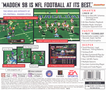 Madden NFL 98 | PlayStation | back cover | region=North America | source-country=United States | zypher-v2 | moby-05c92e3bf42d | Data by MobyGames.com