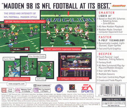 Madden NFL 98 | PlayStation | back cover | region=North America | source-country=United States | zypher-v2 | moby-05c92e3bf42d | Data by MobyGames.com