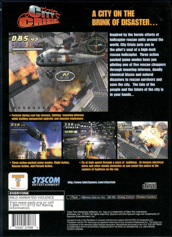 
City Crisis | PlayStation 2 | back cover | Region: North America | source-country=Canada,United States | Data by MobyGames.com