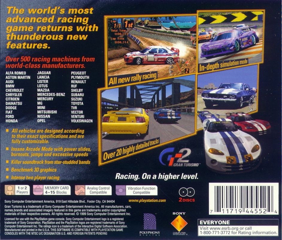 Gran Turismo 2 | PlayStation | back cover | region=North America | source-country=Canada,United States | zypher-v2 | moby-9d12dcbd1852 | Data by MobyGames.com