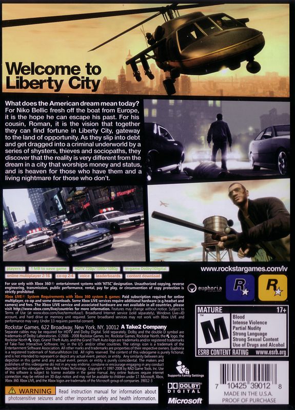 Grand Theft Auto IV | Xbox 360 | back cover | region=North America | source-country=Canada,United States | zypher-v2 | moby-b495a5c1b981 | Data by MobyGames.com