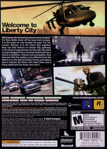 Grand Theft Auto IV | Xbox 360 | back cover | region=North America | source-country=Canada,United States | zypher-v2 | moby-b495a5c1b981 | Data by MobyGames.com