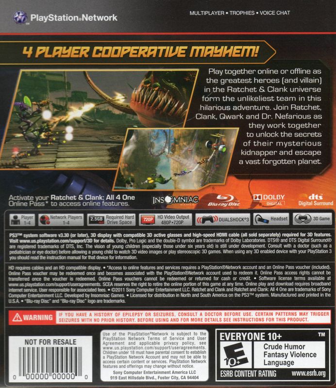 Ratchet & Clank: All 4 One | PlayStation 3 | back cover | region=North America | source-country=United States | zypher-v2 | moby-4d722c8947ed | Data by MobyGames.com