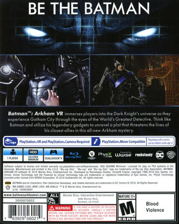 
Batman: Arkham VR | PlayStation 4 | back cover | Region: North America | source-country=United States | Data by MobyGames.com