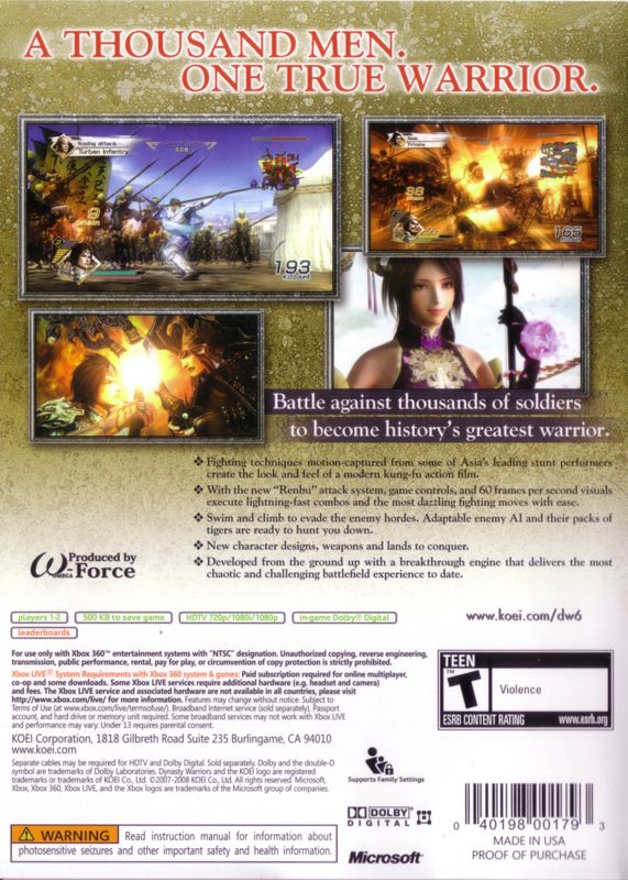 Dynasty Warriors 6 | Xbox 360 | back cover | region=North America | source-country=United States | zypher-v2 | moby-219a8425e548 | Data by MobyGames.com