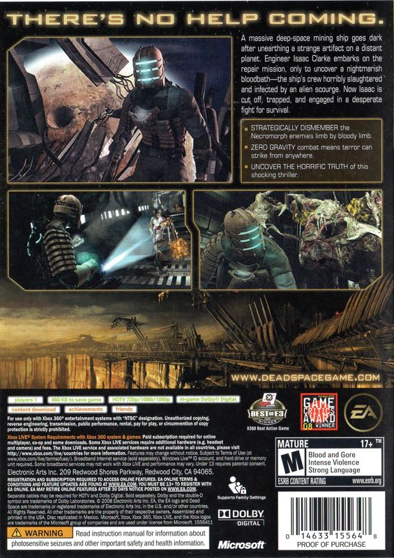 
Dead Space | Xbox 360 | back cover | Region: North America | source-country=United States | Data by MobyGames.com
