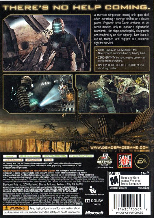 Dead Space | Xbox 360 | back cover | region=North America | source-country=United States | zypher-v2 | moby-cc4f55c21e3e | Data by MobyGames.com