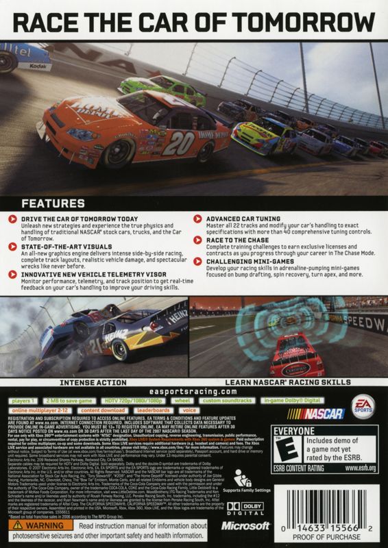 NASCAR 08 | Xbox 360 | back cover | region=North America | source-country=Canada,United States | zypher-v2 | moby-5e2462a53c02 | Data by MobyGames.com