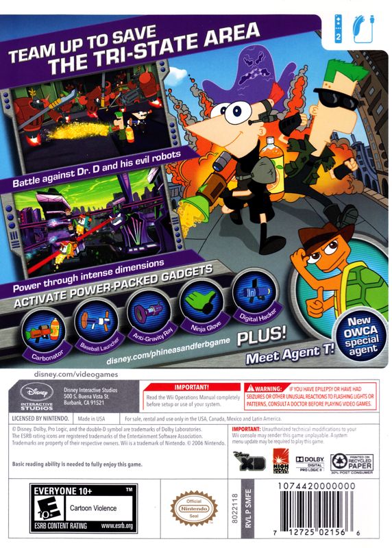 Phineas and Ferb: Across the 2nd Dimension | Wii | back cover | region=North America | source-country=Canada,Mexico,Other,United States | zypher-v2 | moby-3f4a27fa8a39 | Data by MobyGames.com