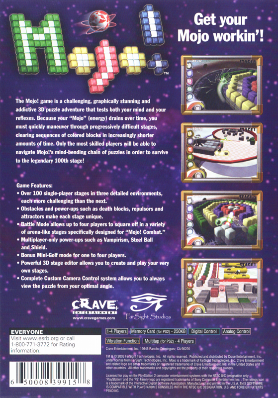 Mojo! | PlayStation 2 | back cover | region=North America | source-country=United States | zypher-v2 | moby-e0ab0236d885 | Data by MobyGames.com