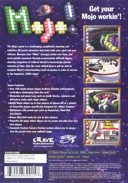 Mojo! | PlayStation 2 | back cover | region=North America | source-country=United States | zypher-v2 | moby-e0ab0236d885 | Data by MobyGames.com