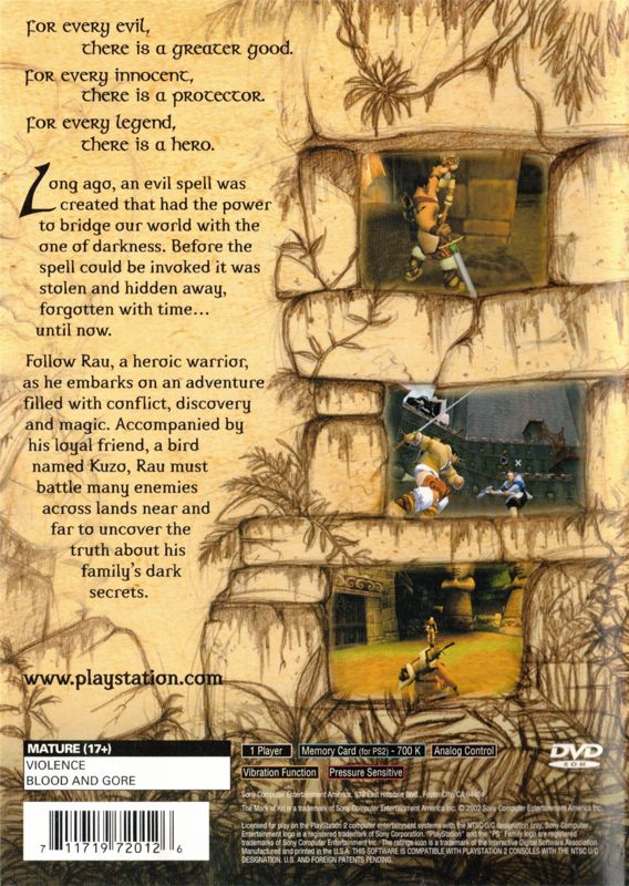 
The Mark of Kri | PlayStation 2 | back cover | Region: North America | source-country=United States | Data by MobyGames.com