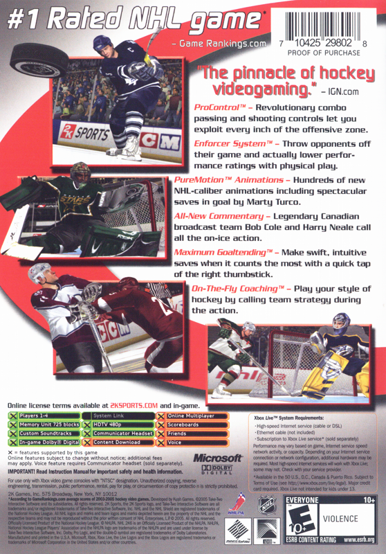 NHL 2K6 | Xbox | back cover | region=North America | source-country=United States | zypher-v2 | moby-ce74abb4c7c2 | Data by MobyGames.com
