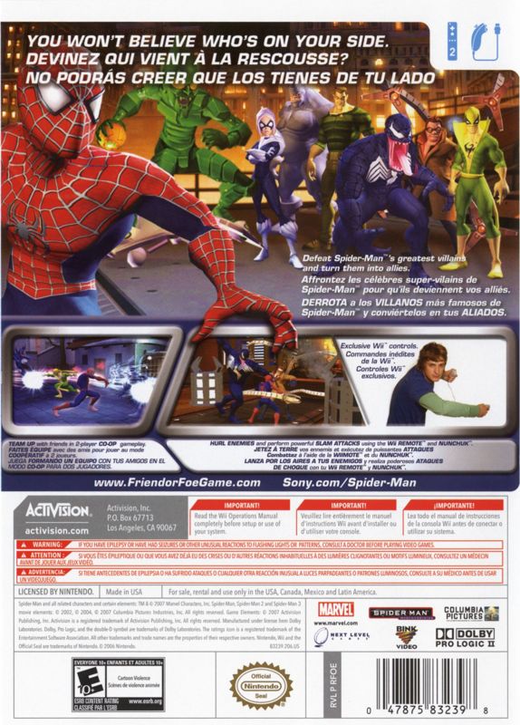 Spider-Man: Friend or Foe | Wii | back cover | region=North America | source-country=Canada,Mexico,United States | zypher-v2 | moby-649cfafa7b22 | Data by MobyGames.com