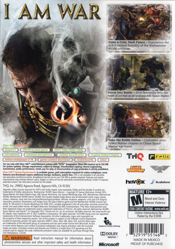 Warhammer 40,000: Space Marine | Xbox 360 | back cover | Region: North America | source-country=United States | Data by MobyGames.com