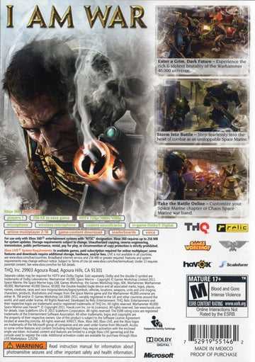 
Warhammer 40,000: Space Marine | Xbox 360 | back cover | Region: North America | source-country=United States | Data by MobyGames.com