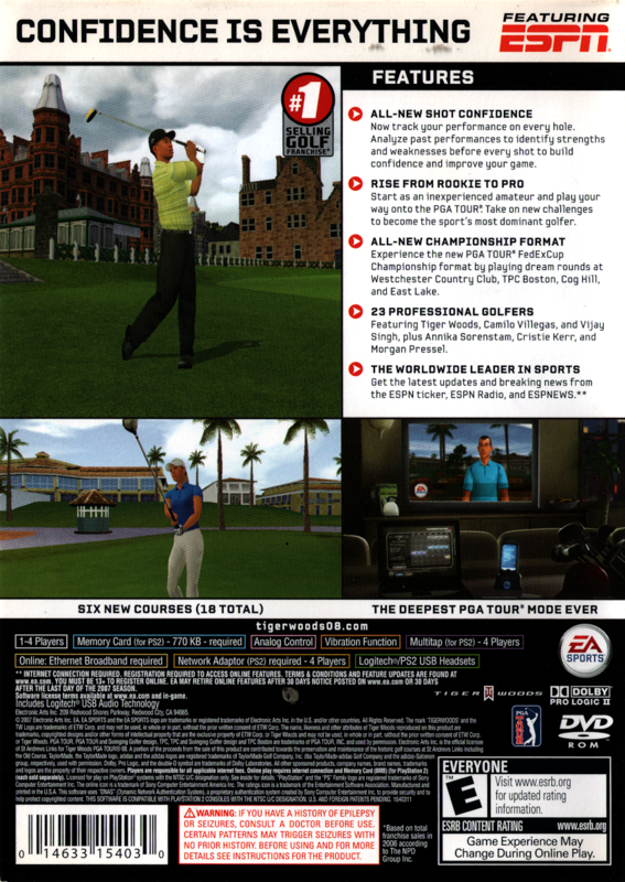 Tiger Woods PGA Tour 08 | PlayStation 2 | back cover | region=North America | source-country=United States | zypher-v2 | moby-a4663c463e07 | Data by MobyGames.com