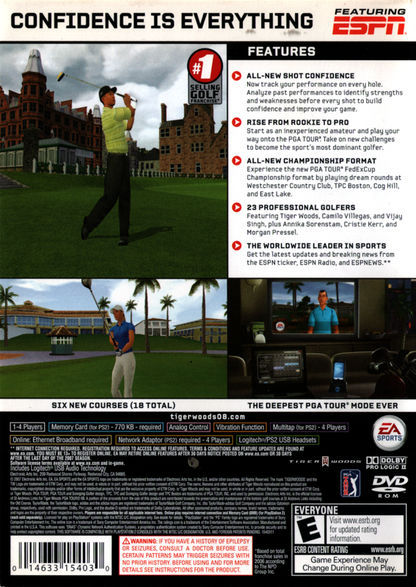 Tiger Woods PGA Tour 08 | PlayStation 2 | back cover | region=North America | source-country=United States | zypher-v2 | moby-a4663c463e07 | Data by MobyGames.com