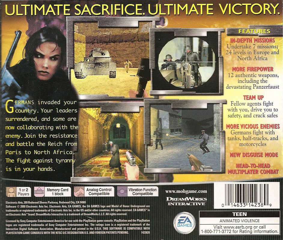 Medal of Honor: Underground | PlayStation | back cover | region=North America | source-country=Canada,United States | zypher-v2 | moby-ced68ed0b500 | Data by MobyGames.com