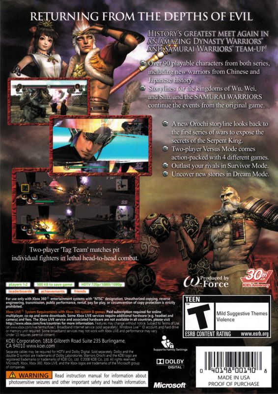 
Warriors Orochi 2 | Xbox 360 | back cover | Data by MobyGames.com