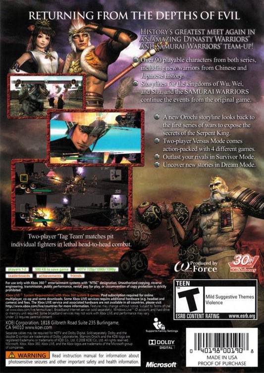 
Warriors Orochi 2 | Xbox 360 | back cover | Region: North America | source-country=United States | Data by MobyGames.com