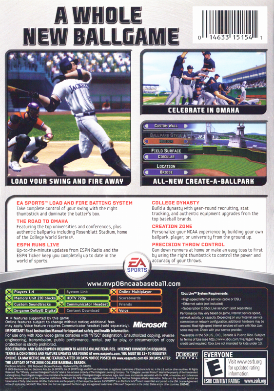 
MVP 06: NCAA Baseball | Xbox | back cover | Data by MobyGames.com
