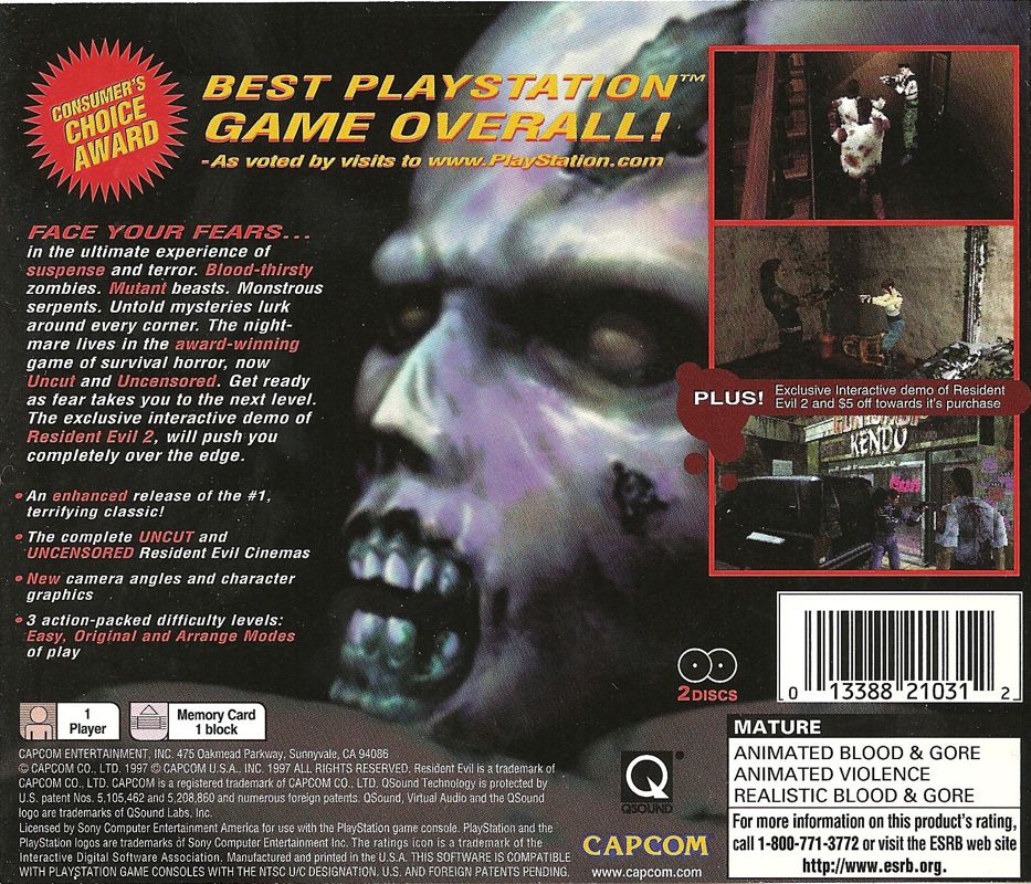 
Resident Evil: Director's Cut | PlayStation | back cover | Region: North America | source-country=United States | Data by MobyGames.com