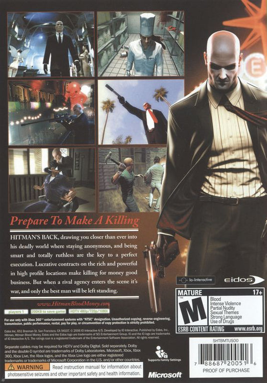 Hitman: Blood Money | Xbox 360 | back cover | region=North America | source-country=United States | zypher-v2 | moby-b9d432aac816 | Data by MobyGames.com