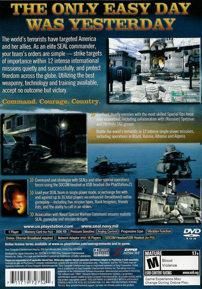 SOCOM II: U.S. Navy SEALs | PlayStation 2 | back cover | region=North America | source-country=Canada,United States | zypher-v2 | moby-c087aa7fdc18 | Data by MobyGames.com