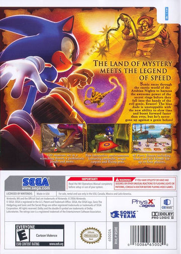 Sonic and the Secret Rings | Wii | back cover | region=North America | source-country=Canada,Mexico,United States | zypher-v2 | moby-daf7538f98b2 | Data by MobyGames.com