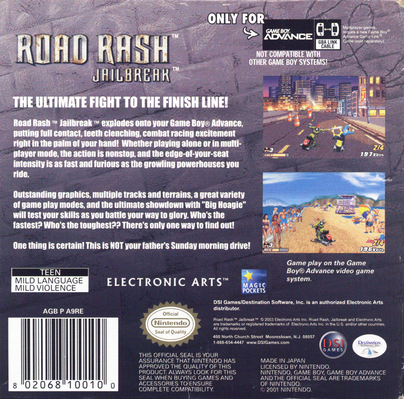 Road Rash: Jailbreak | Game Boy Advance | back cover | region=North America | source-country=United States | zypher-v2 | moby-2709e7d98fe7 | Data by MobyGames.com