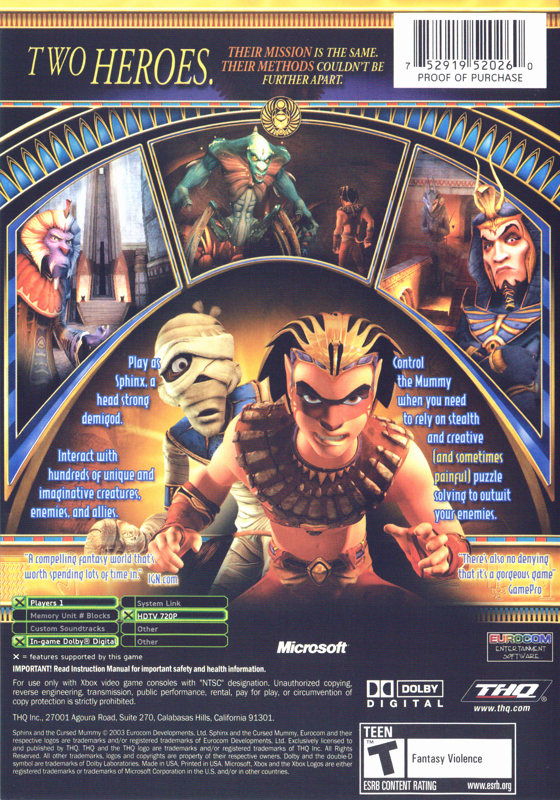 
Sphinx and the Cursed Mummy | Xbox | back cover | Data by MobyGames.com