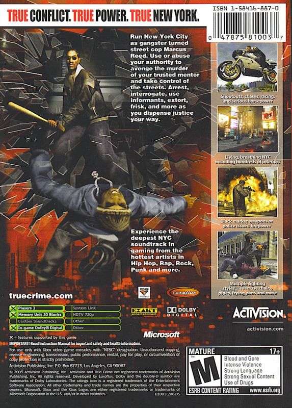 
True Crime: New York City | Xbox | back cover | Data by MobyGames.com