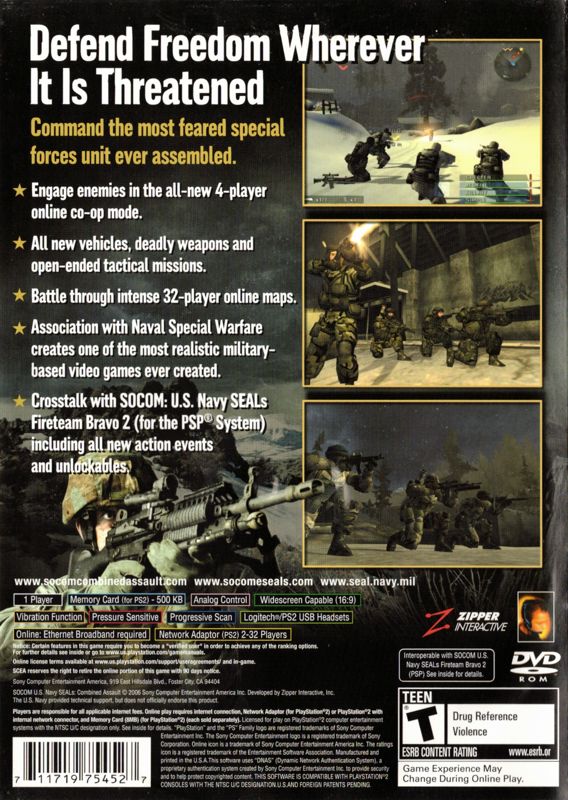 SOCOM: U.S. Navy SEALs - Combined Assault | PlayStation 2 | back cover | region=North America | source-country=United States | zypher-v2 | moby-a7f9b4e4f946 | Data by MobyGames.com