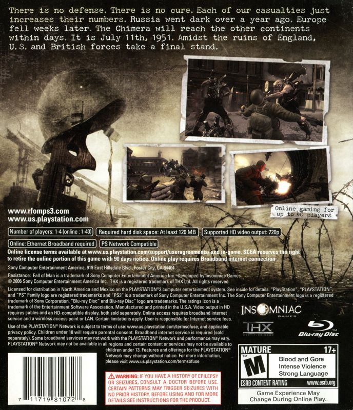 Resistance: Fall of Man | PlayStation 3 | back cover | Data by MobyGames.com