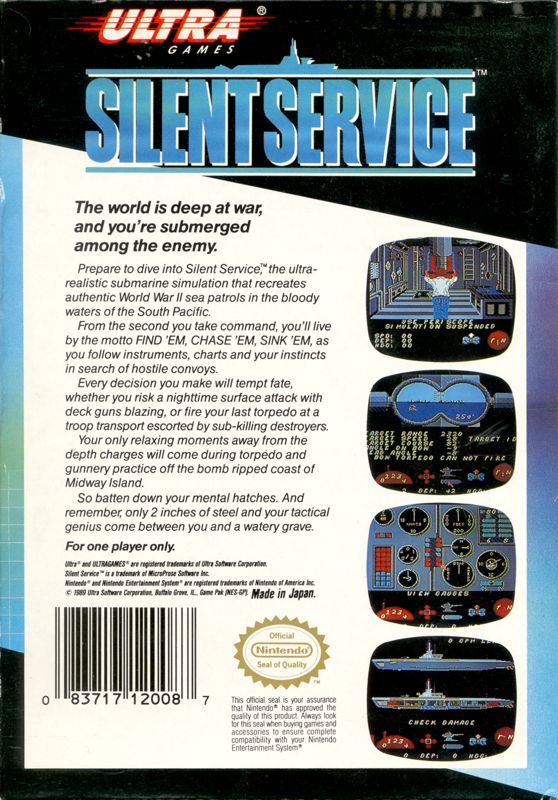 
Silent Service | NES | back cover | Data by MobyGames.com