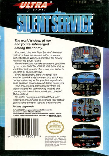 
Silent Service | NES | back cover | Data by MobyGames.com