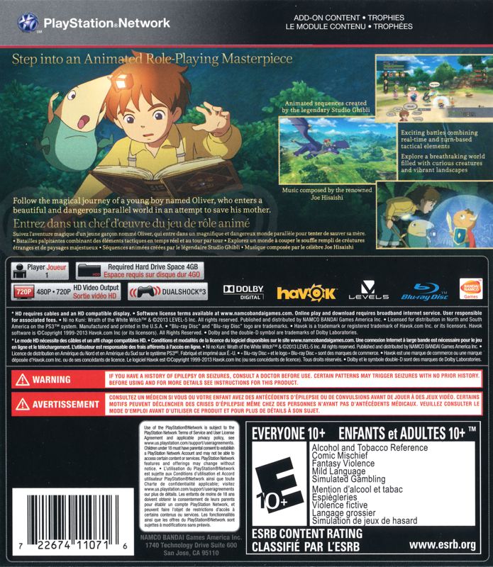 Ni no Kuni: Wrath of the White Witch | PlayStation 3 | back cover | region=North America | source-country=Canada,United States | zypher-v2 | moby-ef512d8ec080 | Data by MobyGames.com